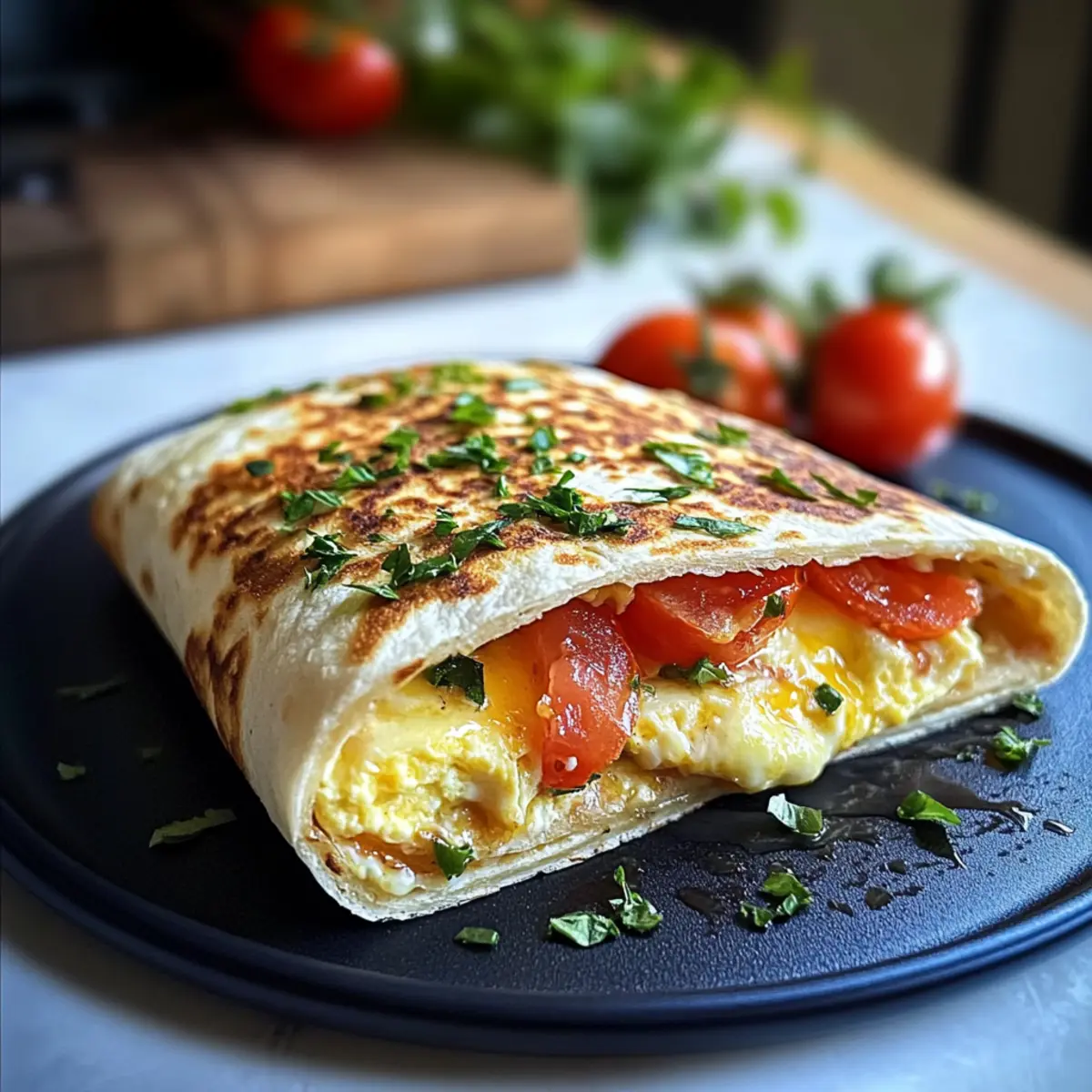 Frühstückswrap mit Ei, Käse und Tomaten zum Genießen